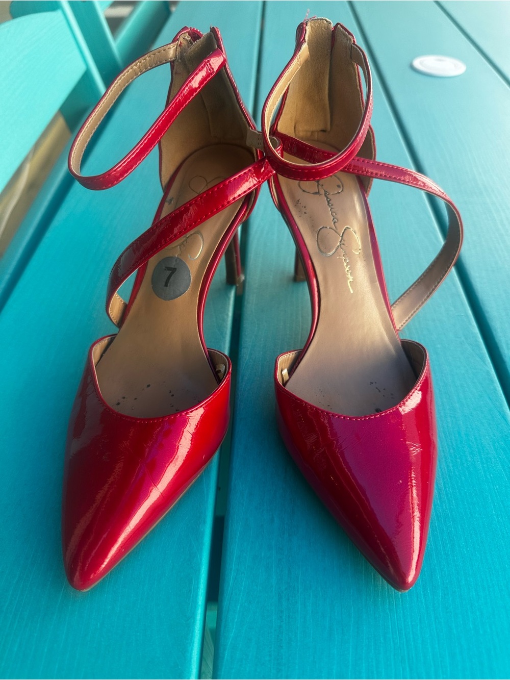 Jessica Simpson Red Patent Pointed-Toe Strappy Heels size 7 EU 371/2